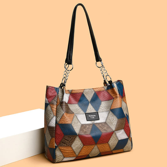 Retro Geometric Color-Block Shoulder Bag